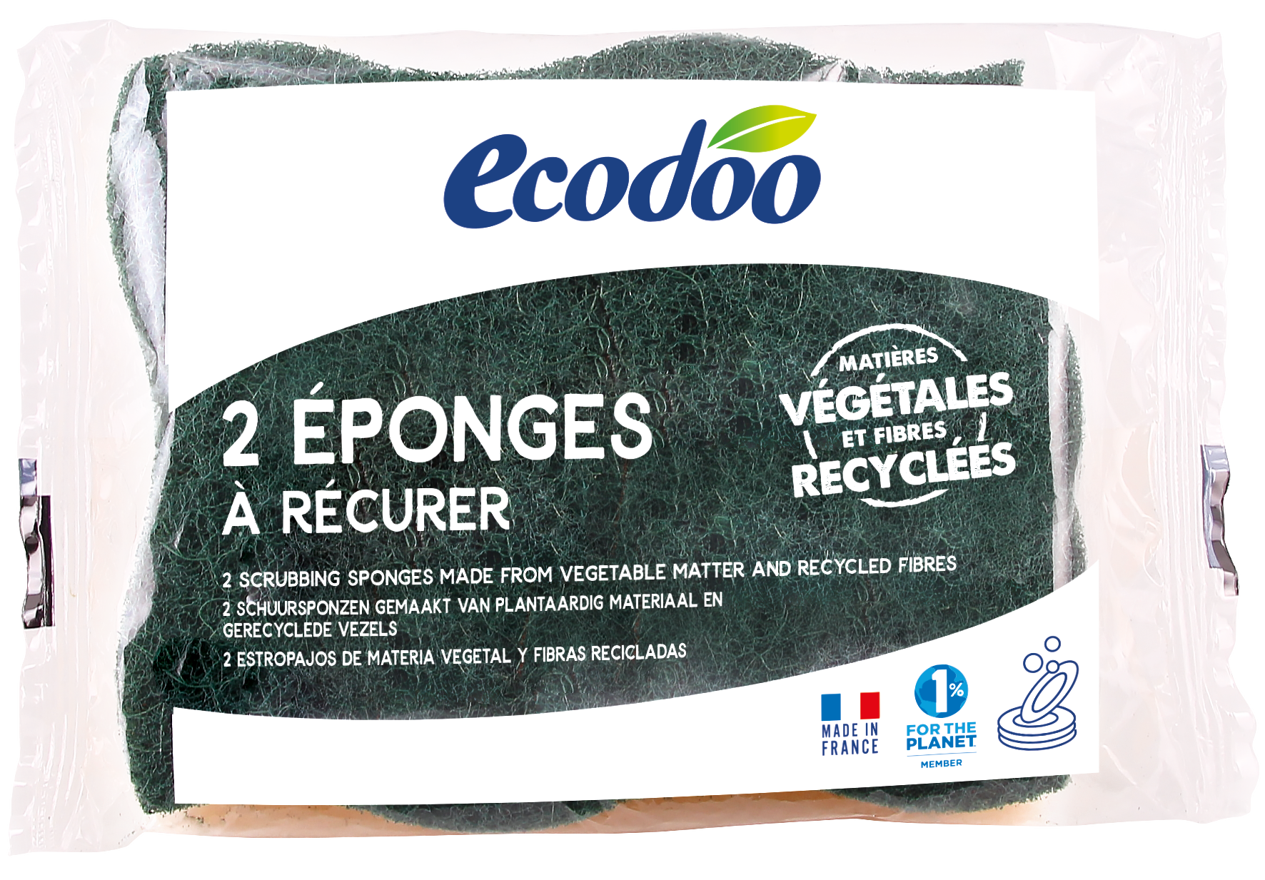 Ecodoo bio plant-based scouring sponges, two natural cleaning scrubbers with a rough surface for kitchen cleaning tasks