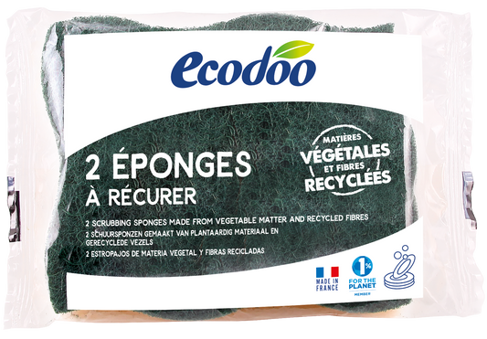 Ecodoo plant-based biodegradable scouring pads, set of 2, for eco-friendly cleaning and scrubbing in the kitchen or bathroom.