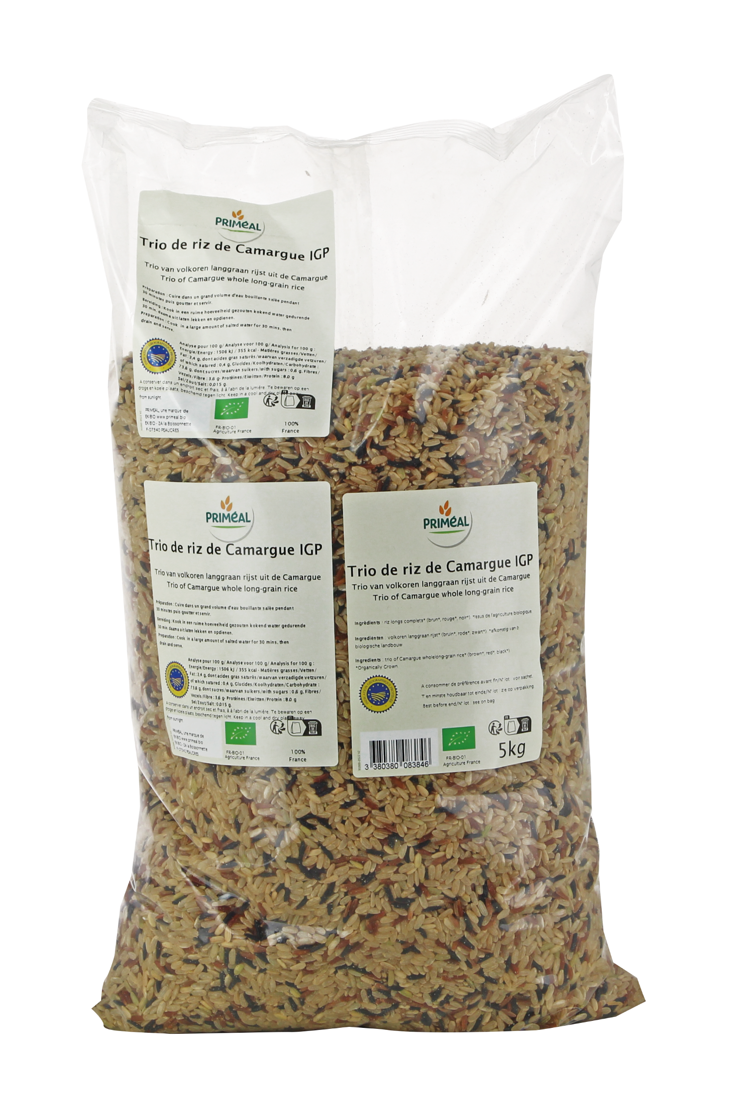 Primeal bio rice trio package showing three different rice varieties in a 5kg bag, ideal for healthy cooking and meal prep.