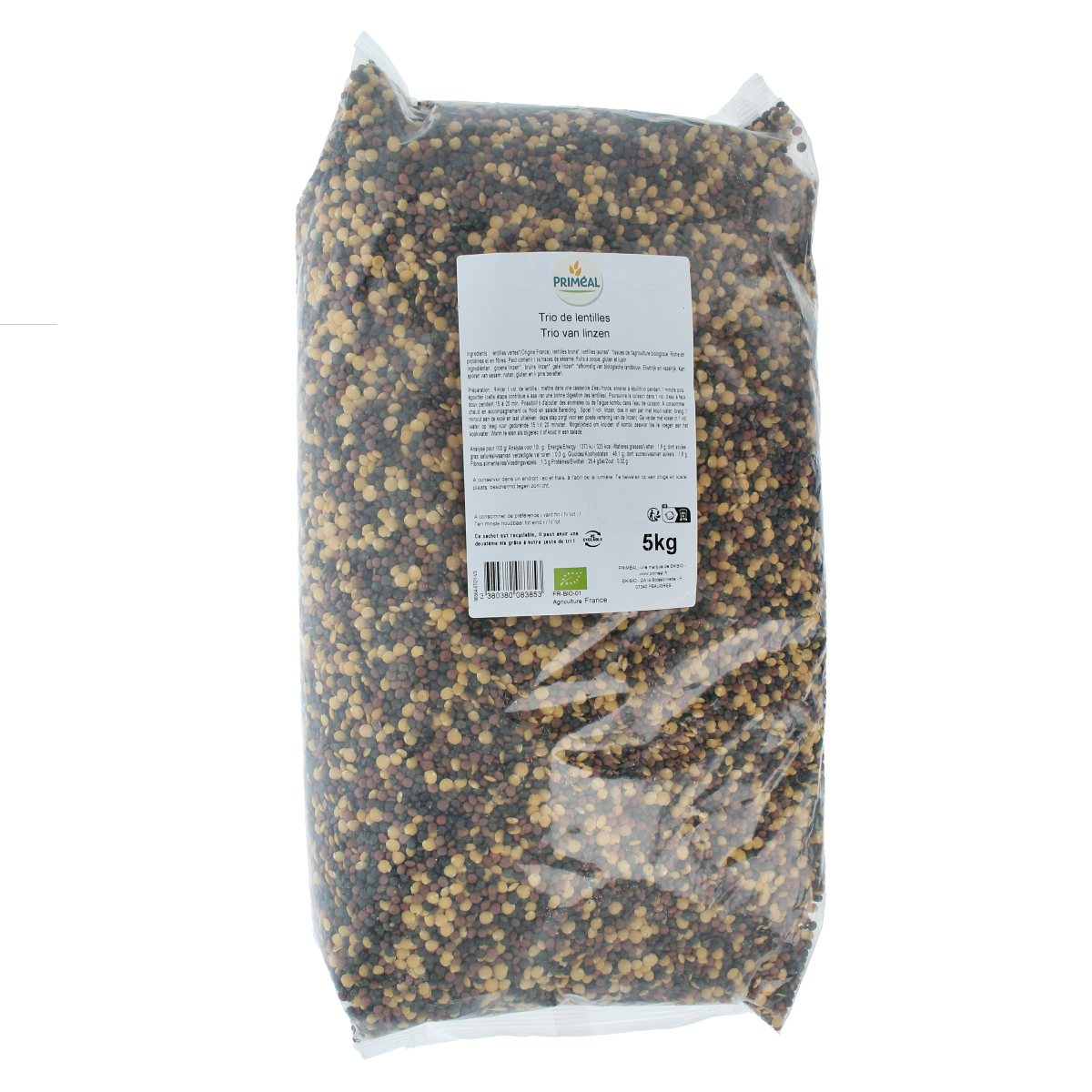 Primeal organic lentil trio in 5kg bag, showcasing fresh, dry lentils suitable for cooking and healthy meals.
