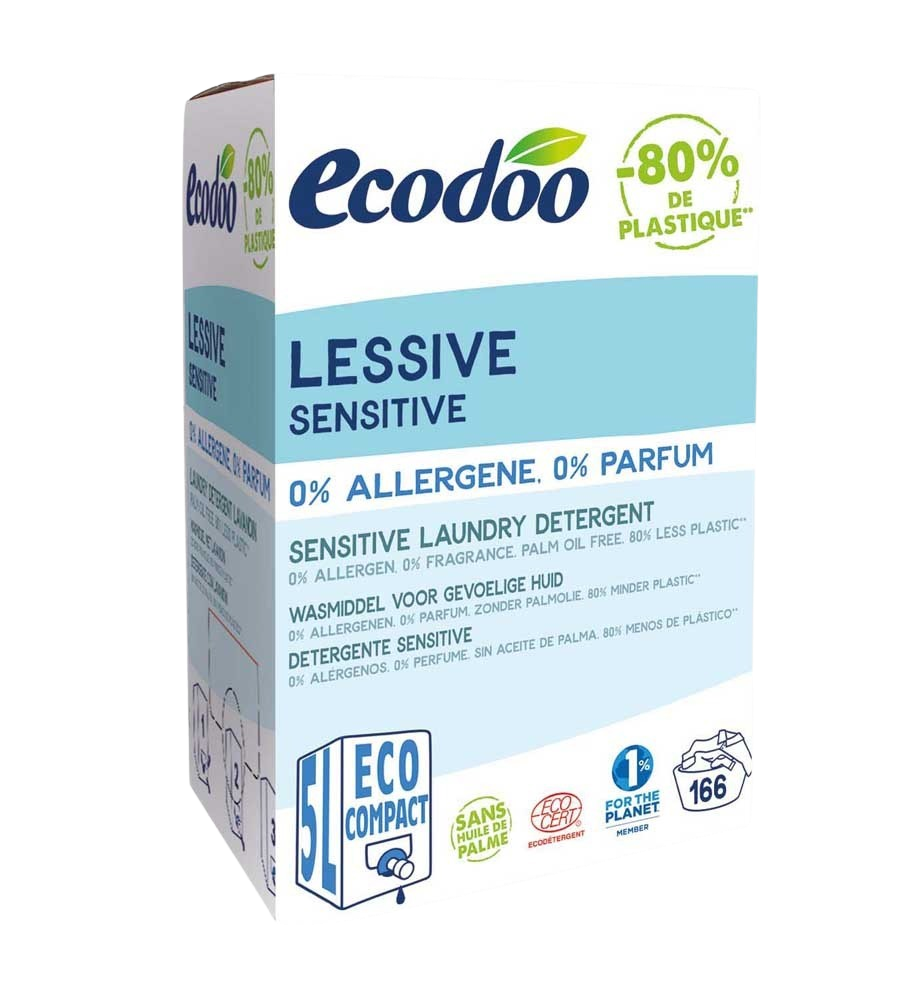 Ecodoo Sensitive liquid laundry detergent for delicate fabrics, 5-liter eco-friendly washing solution.