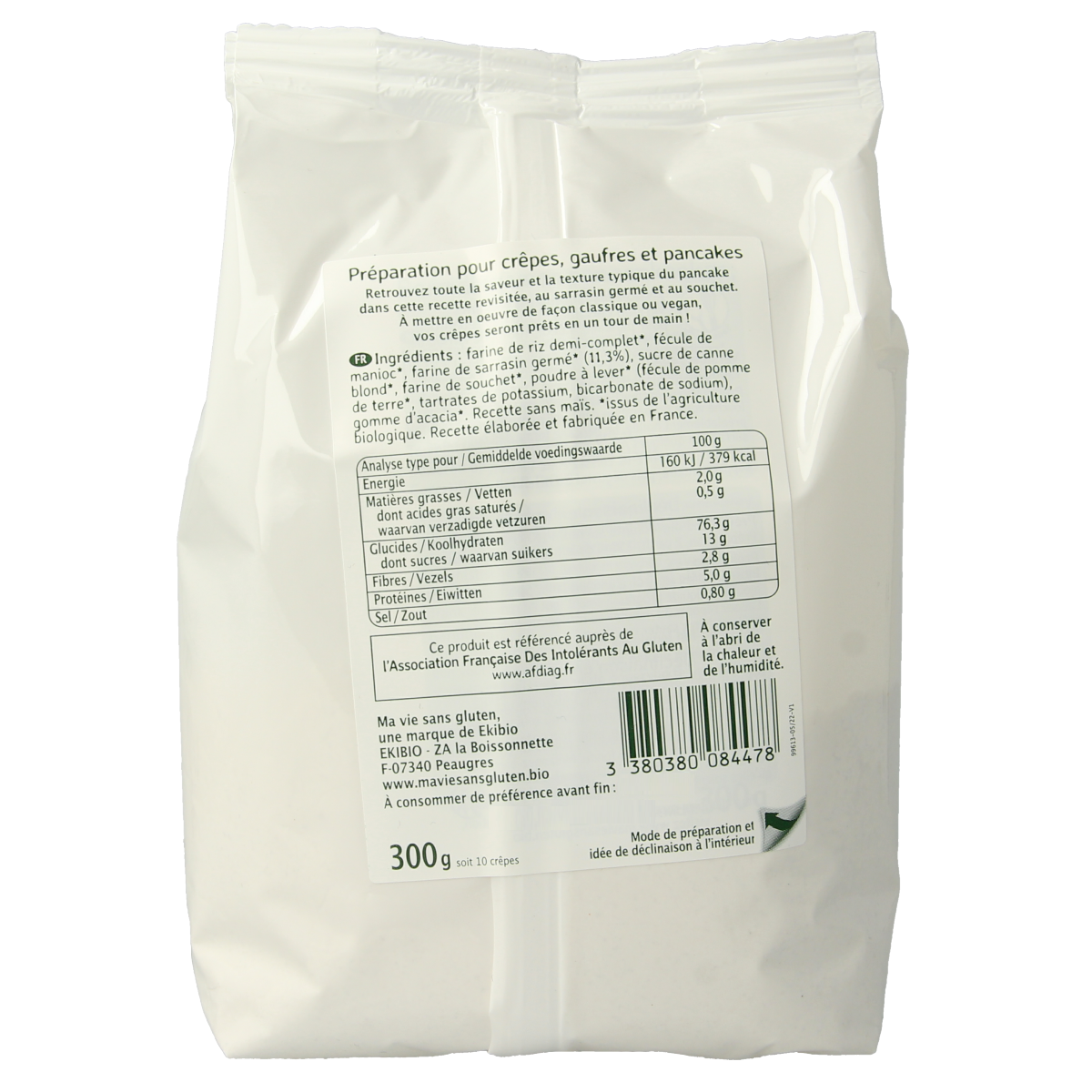 Glutenvrije bio wafelmix van Ma Vie Sans, 300g, voor pannenkoeken en flensjes, in een open doos met ingrediënten.