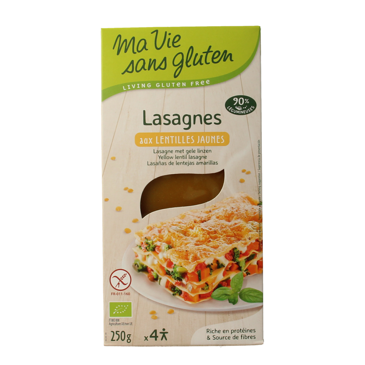Gluten-free Ma Vie Sans gele linzen lasagne sheets for pasta dishes, 250g, natural and bio-friendly packaging.