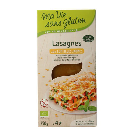 Gluten-free Ma Vie Sans gele linzen lasagne sheets for pasta dishes, 250g, natural and bio-friendly packaging.