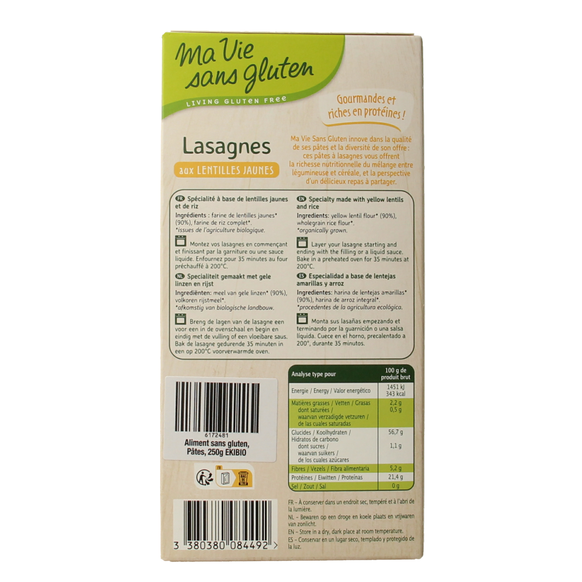 Gluten-free Ma Vie Sans gele linzen lasagne sheets, organic pasta and rice product, 250g packaging, shown in the image.
