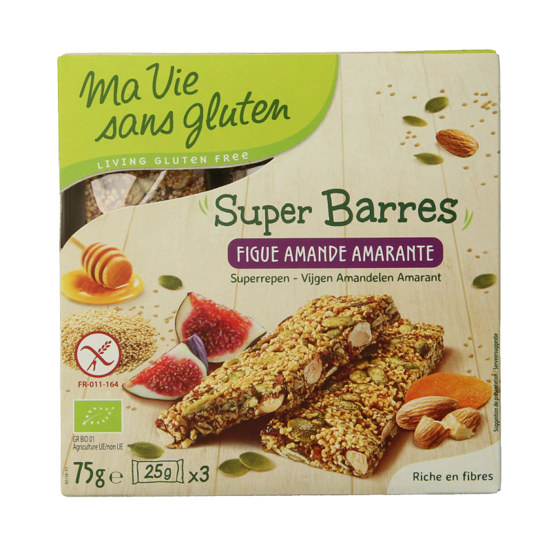 Ma Vie Sans glutenvrije snack met amandel, vijg en amarant, 75 gram bio, natuurlijke tussendoortje in close-up.