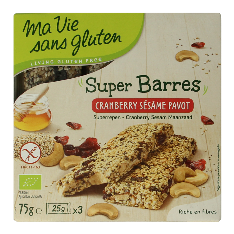 Ma Vie Sans gluten-free sesame and cranberry snack in 75g package, featuring crispy, colorful ingredients in a natural setting.