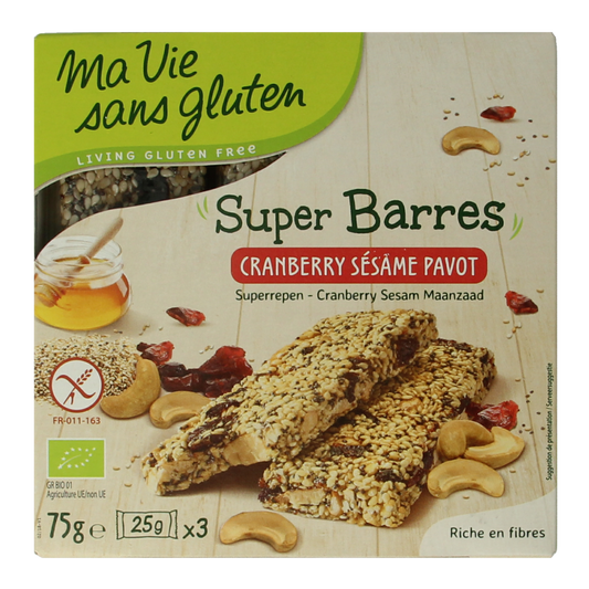 Ma Vie Sans gluten-free sesame and cranberry snack in 75g package, featuring crispy, colorful ingredients in a natural setting.
