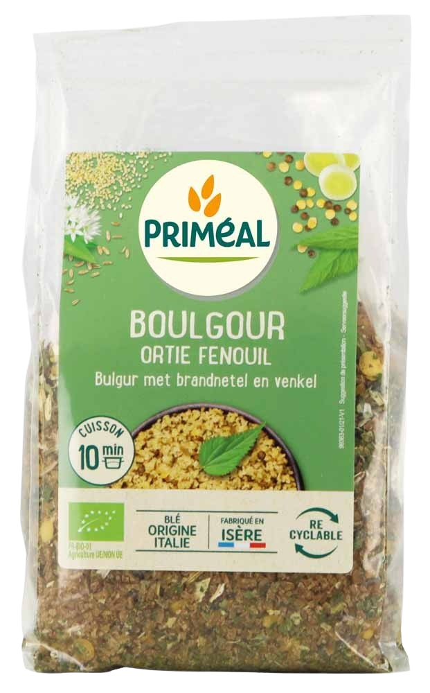 Primeal bulgur with nettle and fennel in 300g package, showing a close-up of the dried organic pasta grains.
