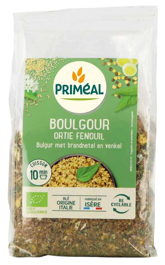 Primeal bulgur with nettle and fennel in 300g package, showing a close-up of the dried organic pasta grains.