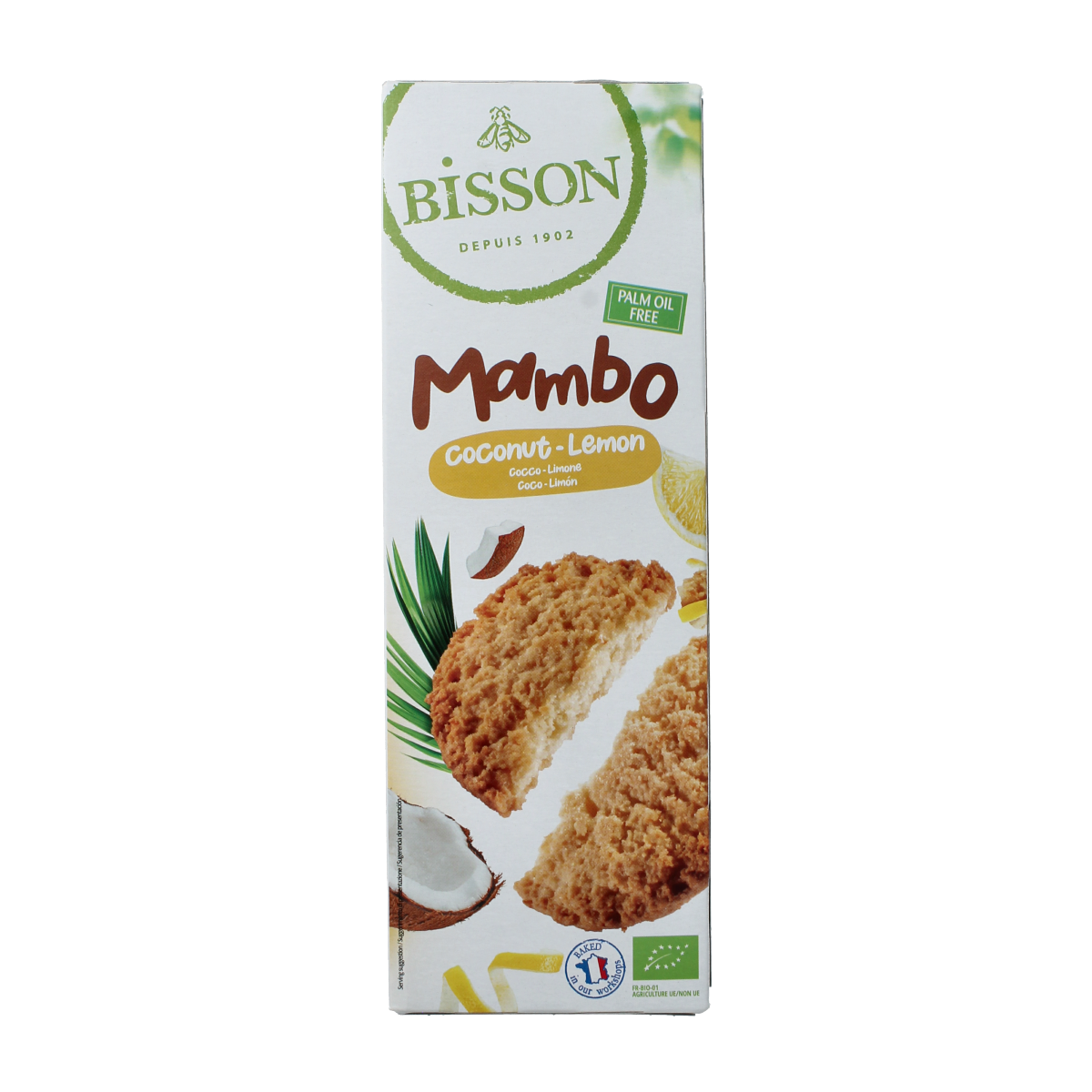 Bisson bio coconut lemon zandkoekje, 150g, with golden-brown coconut and lemon-flavored koeken on a white plate