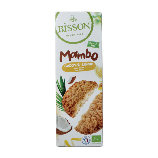 Bisson bio coconut lemon zandkoekje, 150g, with golden-brown coconut and lemon-flavored koeken on a white plate