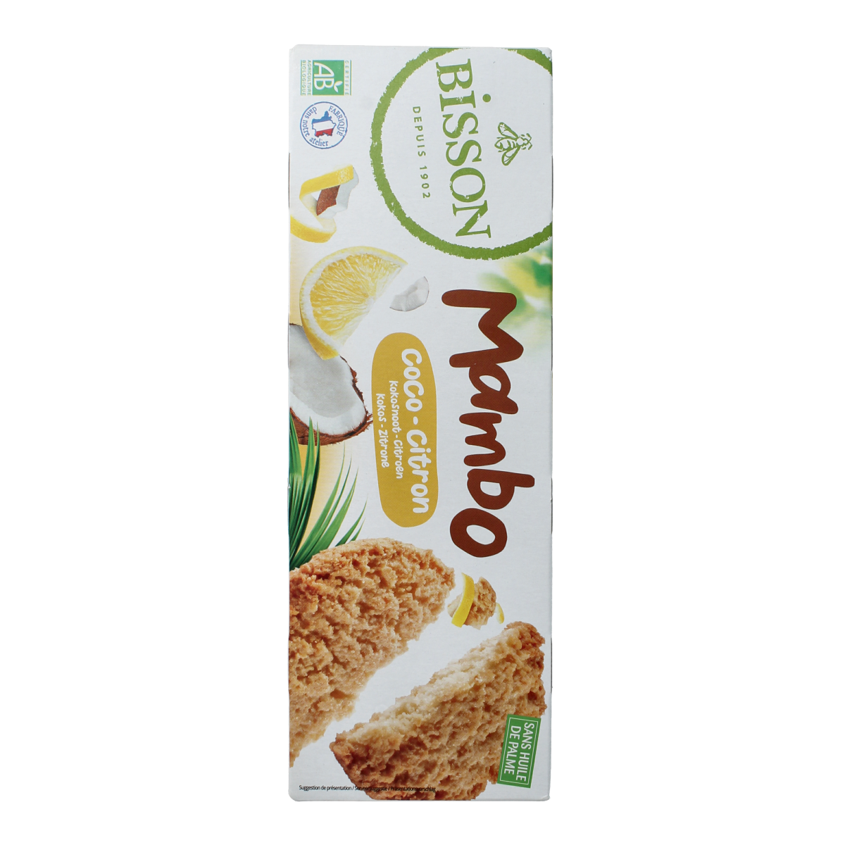 Bisson Bioso kokos citroen zandkoekje, 150g, featuring golden coconut and lemon-flavored koeken on a plate.