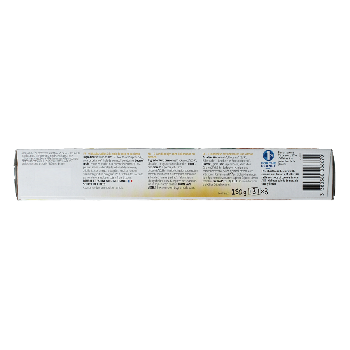 Bisson Zandkoekje kokos citroen bio, 150g, a natural coconut and lemon flavored biscuit with a golden-brown appearance.