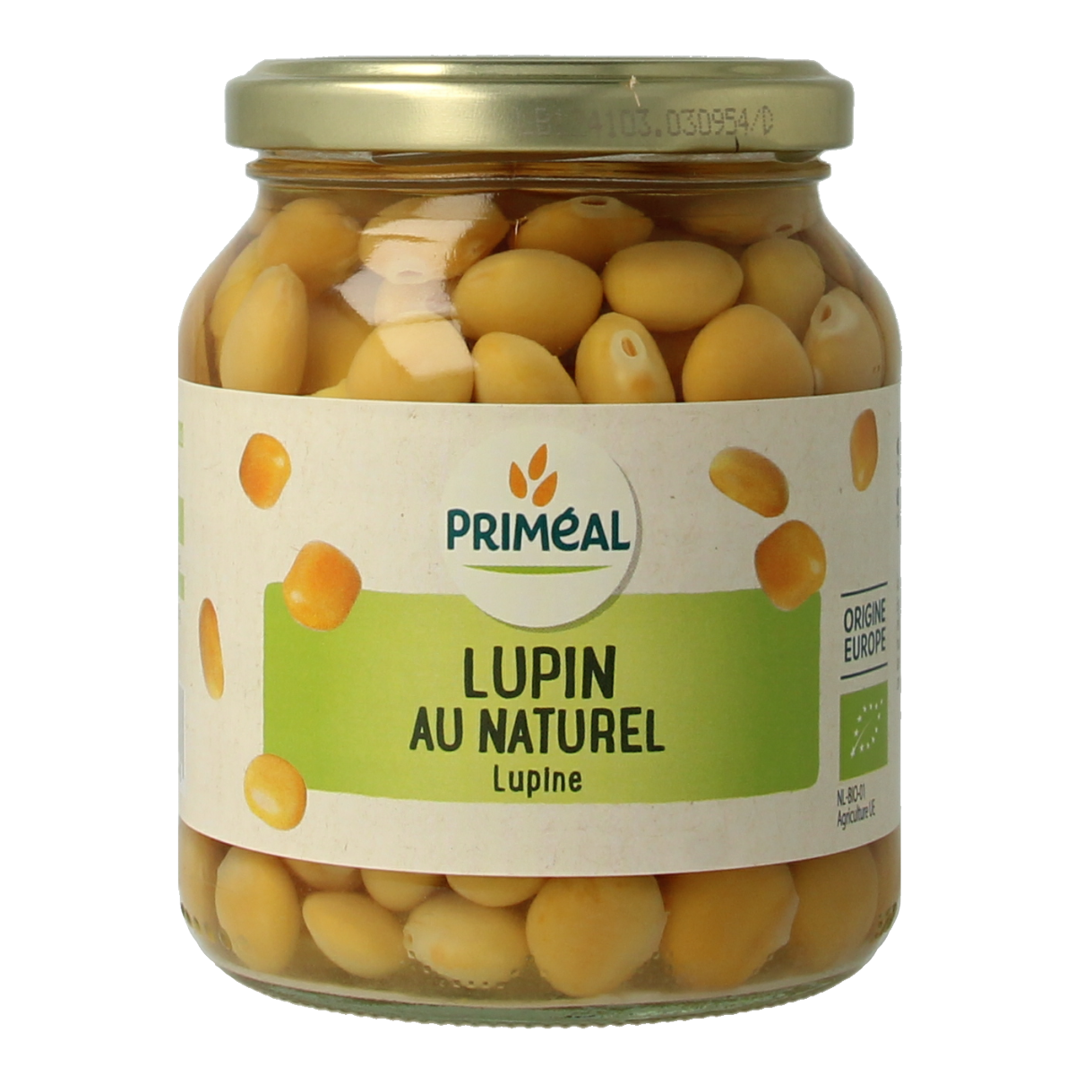 Primeal organic natural lupine beans in 340g package, a healthy plant-based protein source in a vegetable and fruit product image.