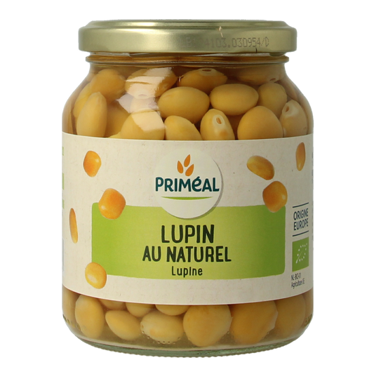 Primeal organic natural lupine beans in 340g package, a healthy plant-based protein source in a vegetable and fruit product image.
