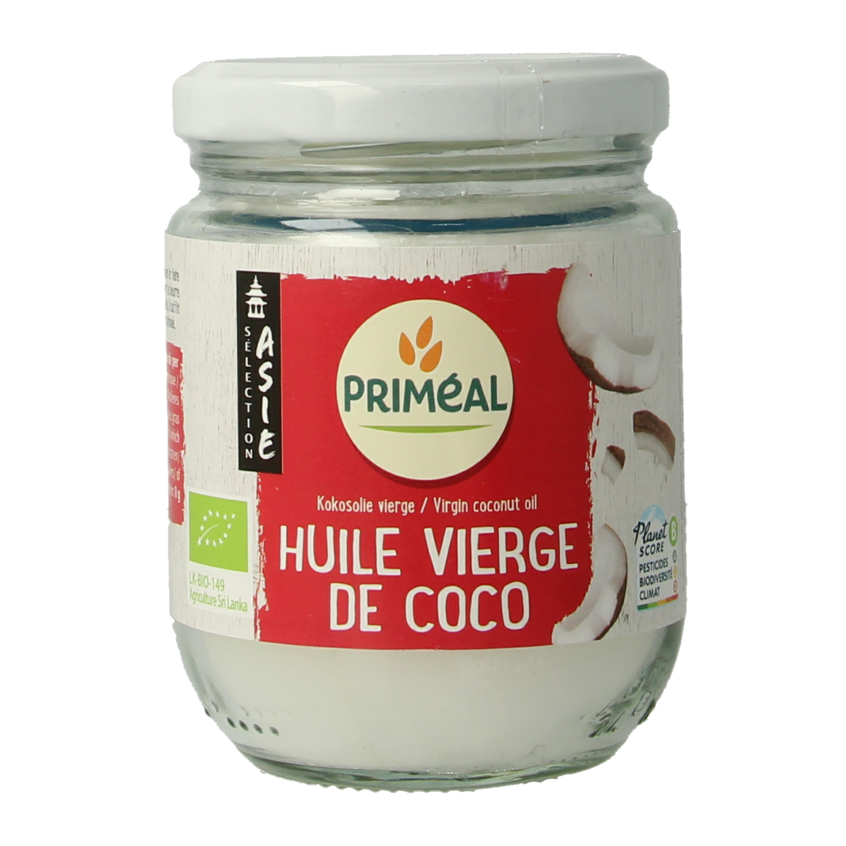 Primeal vegan organic coconut oil in 200ml bottle, showing the label and cap, suitable for cooking and baking.