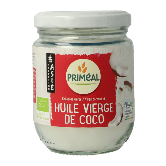 Primeal vegan organic coconut oil in 200ml bottle, showing the label and cap, suitable for cooking and baking.