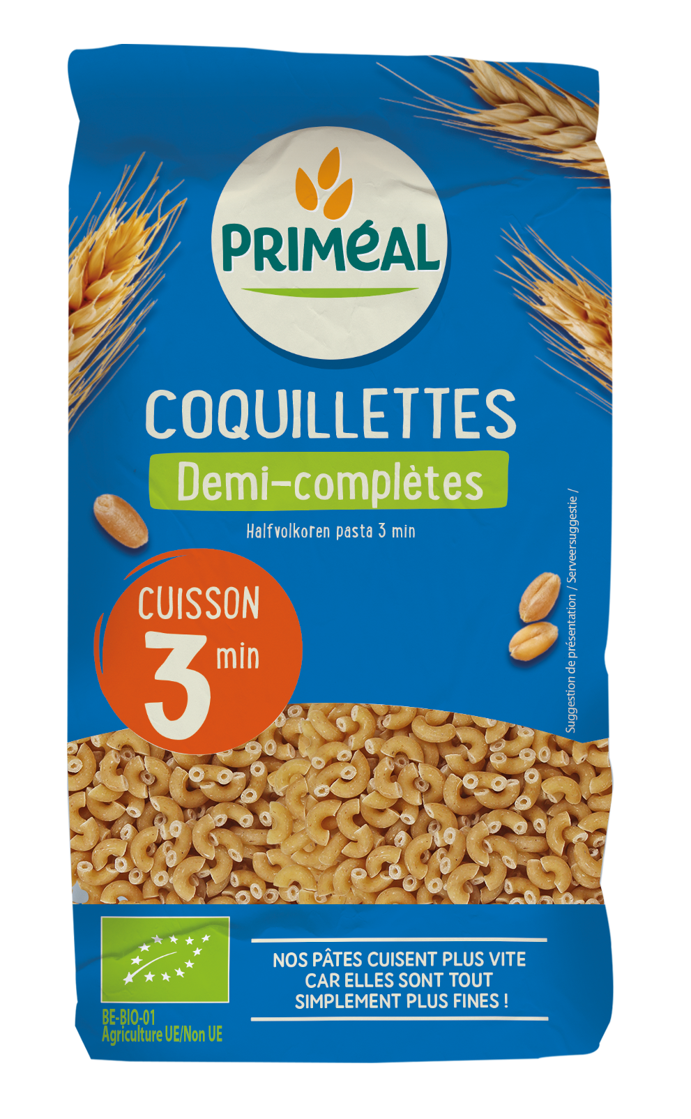 Primeal Halfvolkoren elbow pasta, quick-cook bio, 500g, made from organic whole wheat for healthy pasta dishes