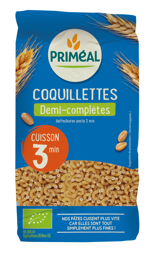 Primeal Halfvolkoren elbow pasta, quick-cook bio, 500g, made from organic whole wheat for healthy pasta dishes