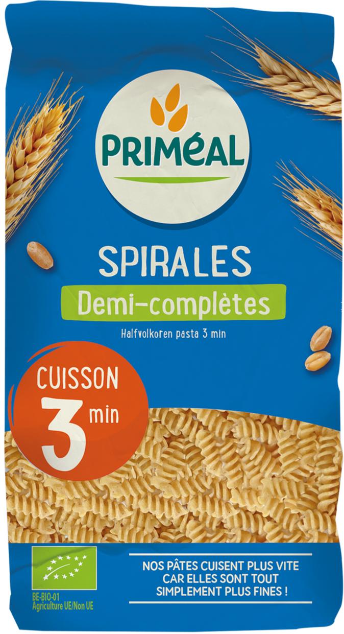 Primeal bio half-voorkeur spiralen pasta in 500g package, quick-cook 3-minute whole grain pasta, ideal for healthy meals