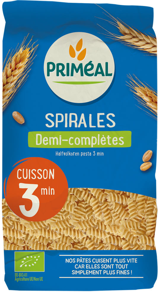 Primeal bio half-voorkeur spiralen pasta in 500g package, quick-cook 3-minute whole grain pasta, ideal for healthy meals