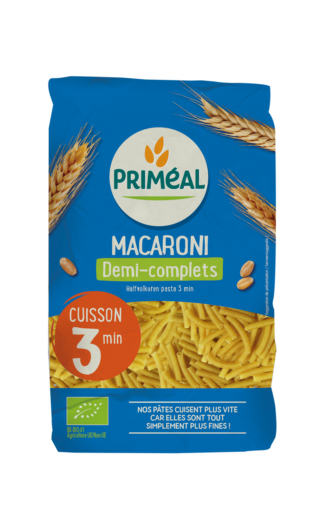 Primeal half-volkoren snelkook macaroni pasta in 500g package, organic, quick-cooking in 3 minutes, ideal for healthy meals.