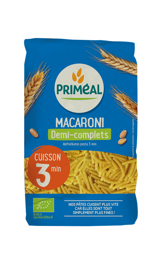 Primeal half-volkoren snelkook macaroni pasta in 500g package, organic, quick-cooking in 3 minutes, ideal for healthy meals.