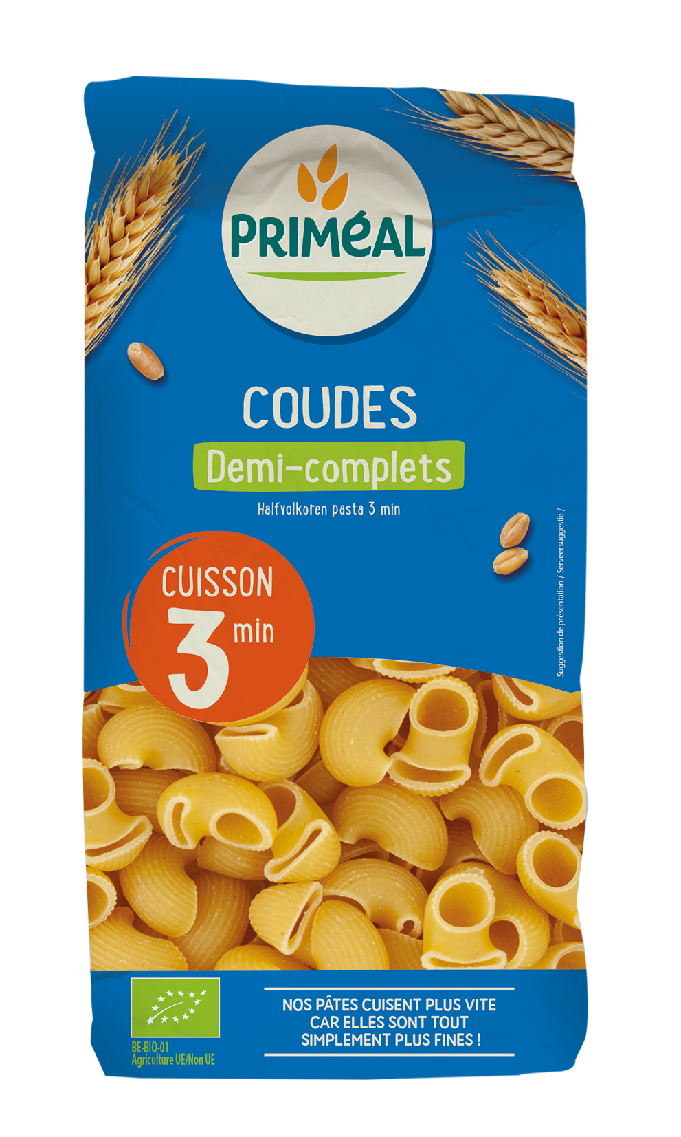 Primeal Coudes halfvolkoren snelkook pasta in 500g package, organic whole wheat pasta for quick cooking