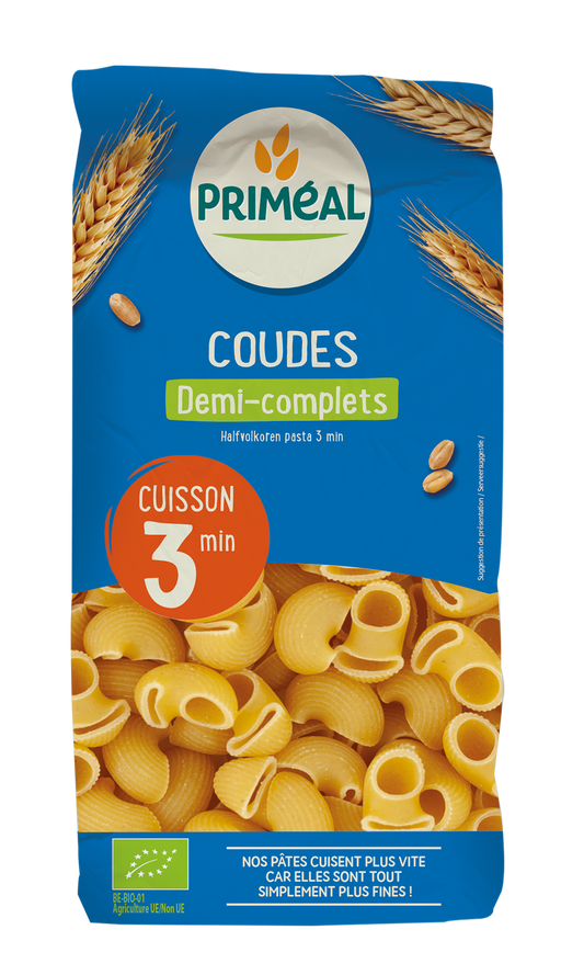 Primeal Coudes halfvolkoren snelkook pasta in 500g package, organic whole wheat pasta for quick cooking
