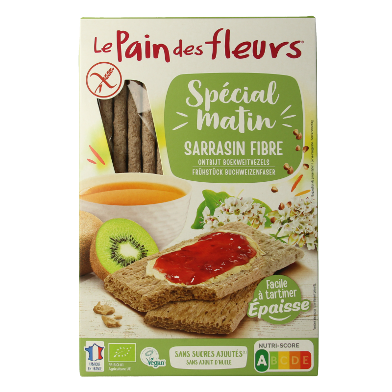 Pain Des Fleurs matin boekweit crackers, organic breakfast crackers in a 230g package, shown in a close-up image.