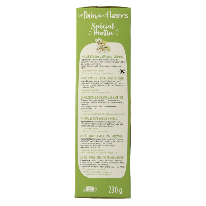 Pain Des Fleurs matin boekweit crackers, organic gluten-free breakfast crackers, 230g, crispy whole grain bread alternative.