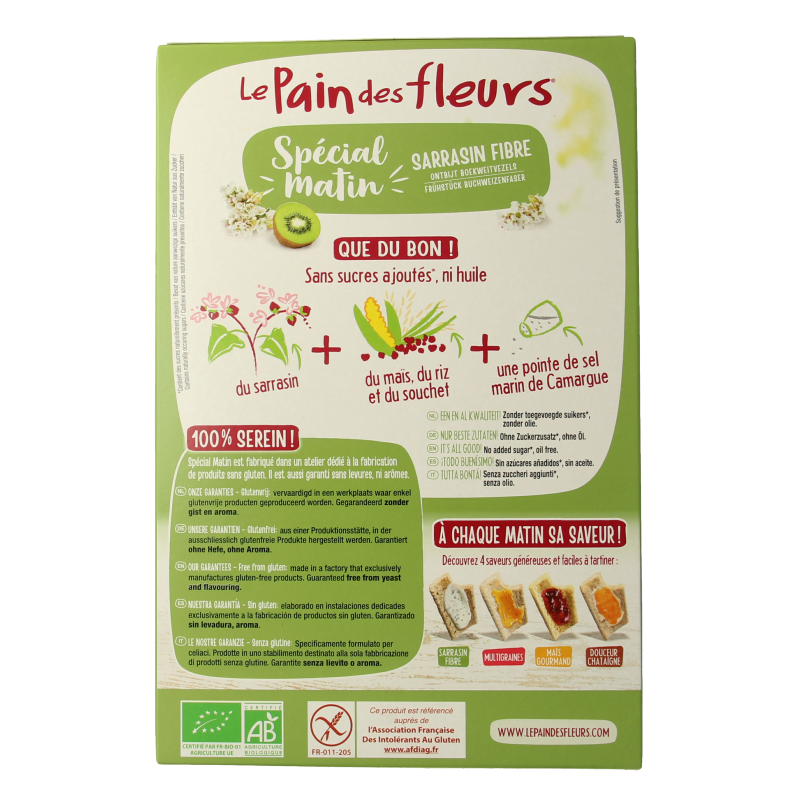 Pain Des Fleurs matin boekweit crackers, organic gluten-free breakfast crackers on a white plate.