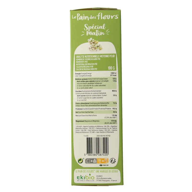 Pain Des Fleurs Bio matin boekweit crackers in a 230g package, featuring crispy, gluten-free breakfast crackers with floral branding.
