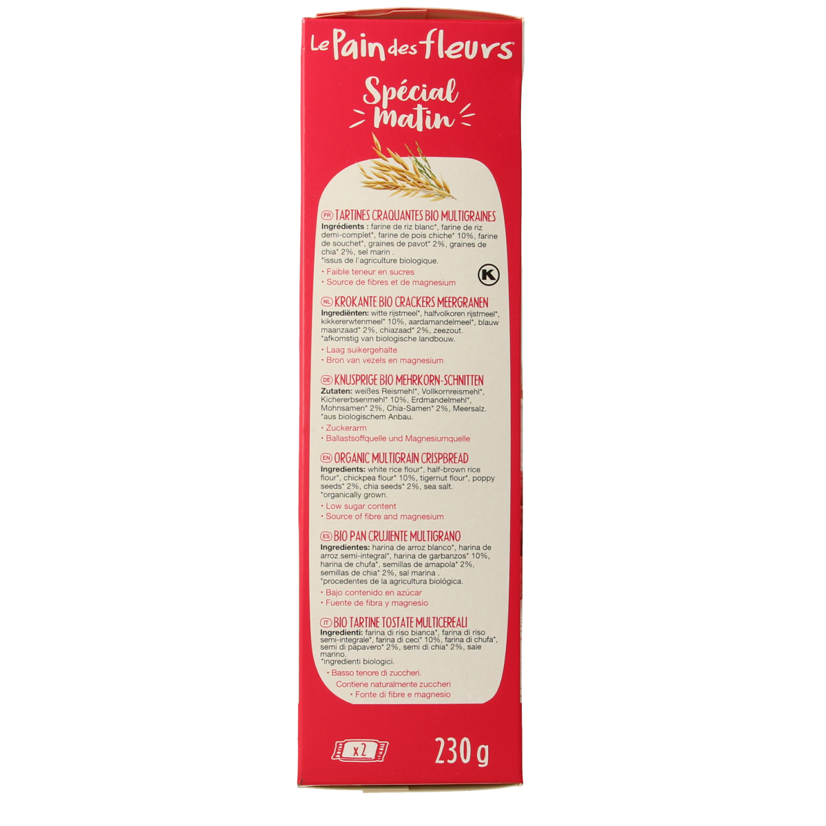 Pain Des Fleurs Special Matin meergranen ontbijtcrackers bio, 230g, showing a close-up of the crispy, multigrain crackers in a package.