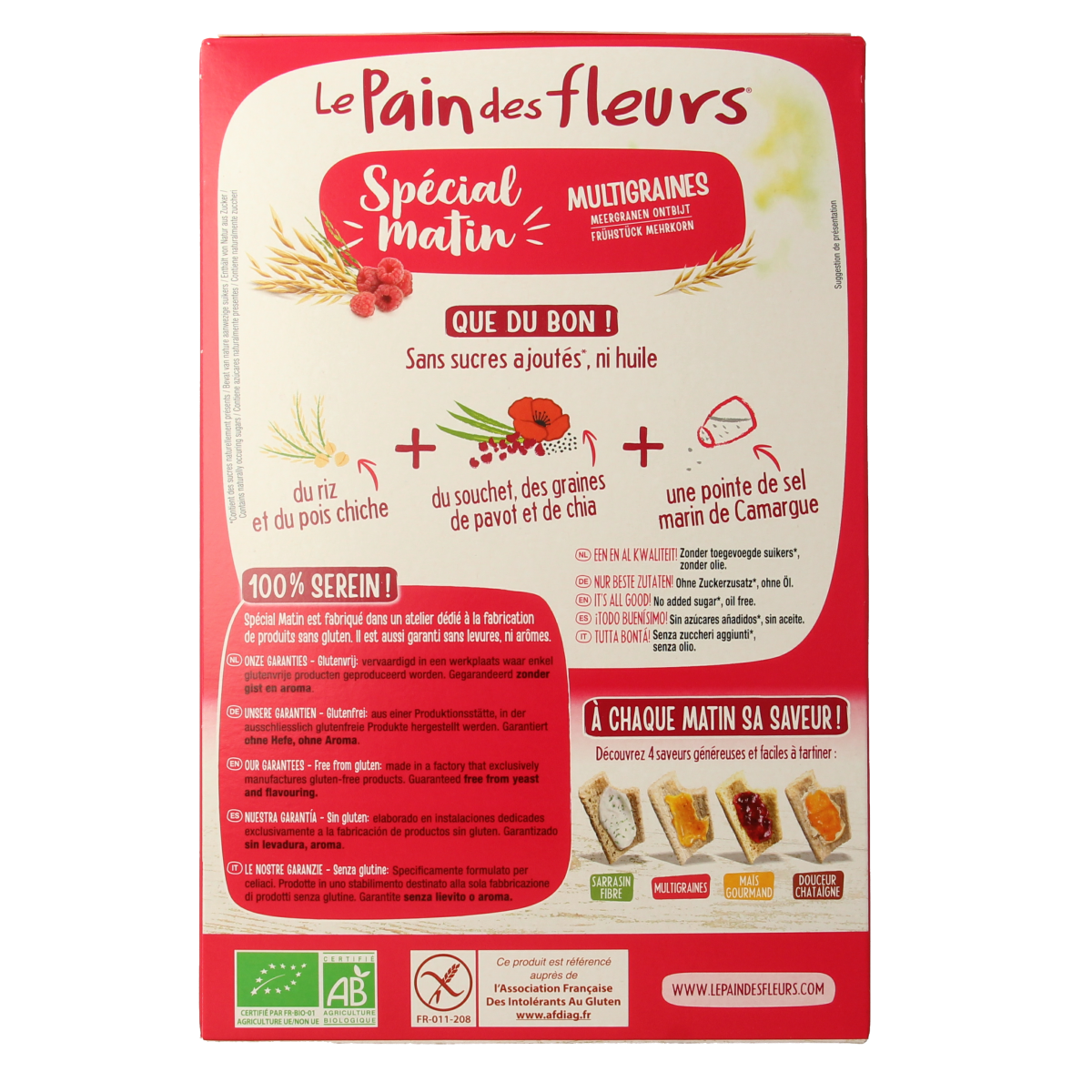 Pain Des Fleurs Special Matin Meergranen bio crackers, 230g, featuring whole grain breakfast crackers with floral design packaging.