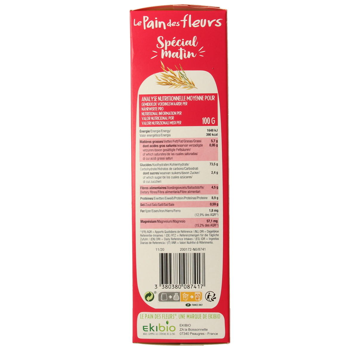 Pain Des Fleurs Special Matin Meergranen biologische ontbijtcrackers, 230g, with multigrain bread and cracker texture.