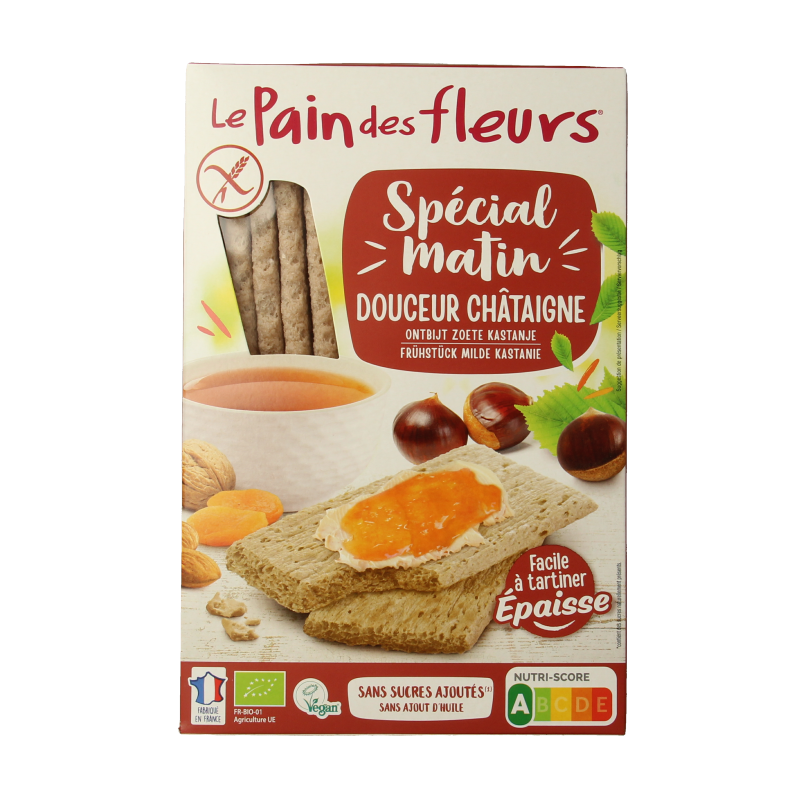 Pain Des Fleurs bio matin kastanje ontbijtcrackers, 230g, featuring crisp, wholesome bread with a nutty flavor and natural ingredients.