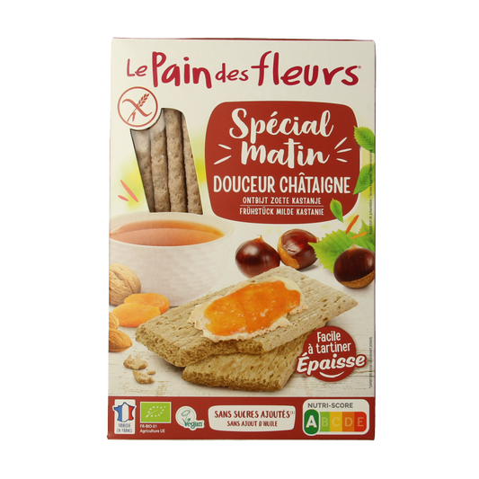 Pain Des Fleurs bio matin kastanje ontbijtcrackers, 230g, featuring crisp, wholesome bread with a nutty flavor and natural ingredients.