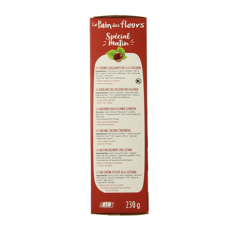 Pain Des Fleurs matin kastanje bio ontbijtcrackers in 230g package, featuring crispy, wholesome bread with a nutty flavor.