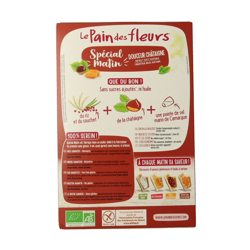 Pain Des Fleurs Matin Kastanje bio ontbijtcrackers, 230g, showing crisp, golden brown crackers with a textured surface.