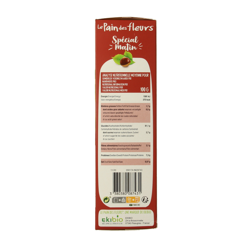 Pain Des Fleurs matin kastanje ontbijtcrackers in 230g package, organic crispy bread and crackers for breakfast.