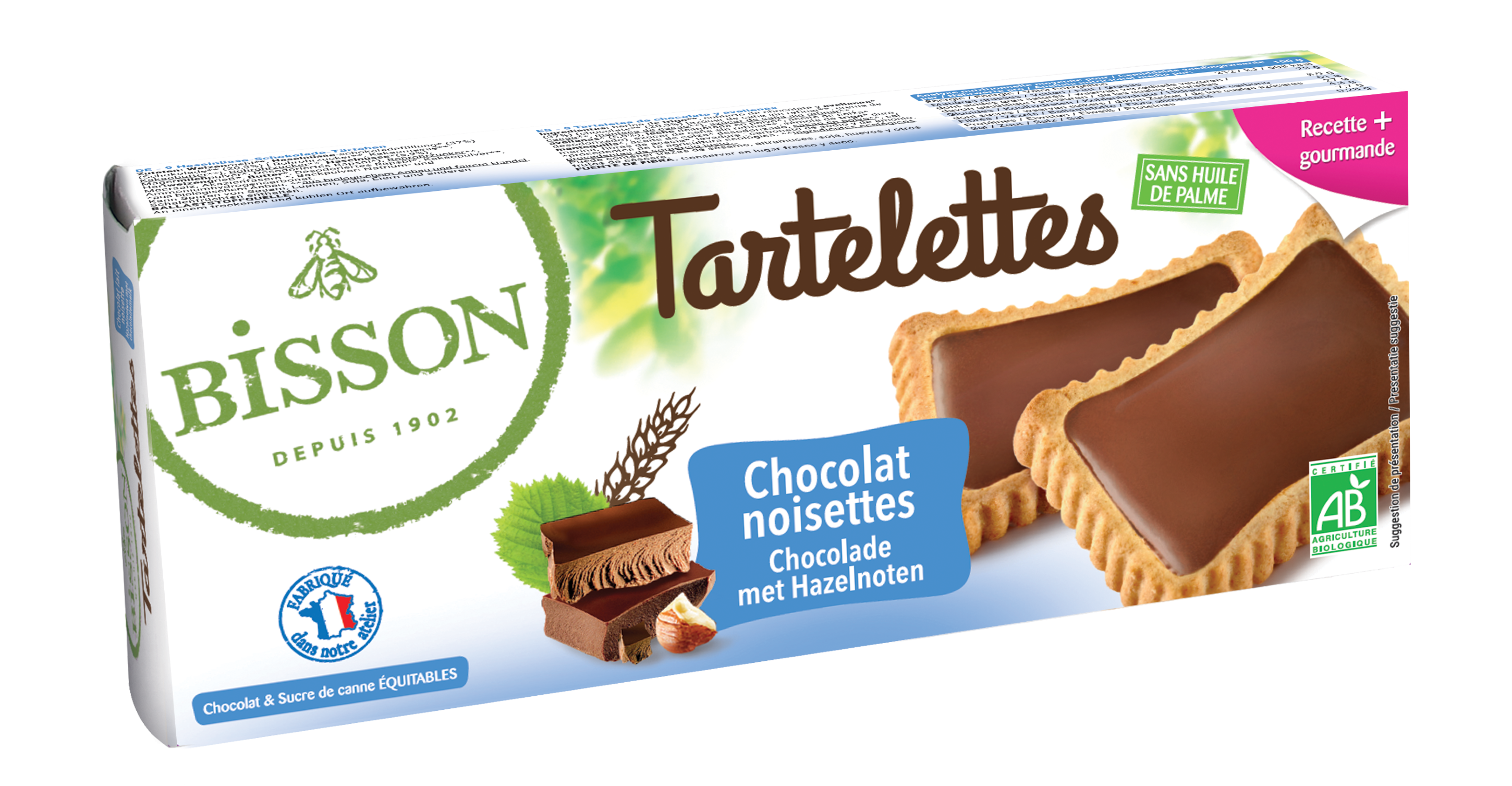 Bisson gevulde hazelnoot chocolade tartelettes, 150g, showing golden-brown koeken topped with hazelnuts and chocolate filling.