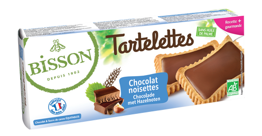 Bisson gevulde hazelnoot chocolade tartelettes, 150g, showing golden-brown koeken topped with hazelnuts and chocolate filling.
