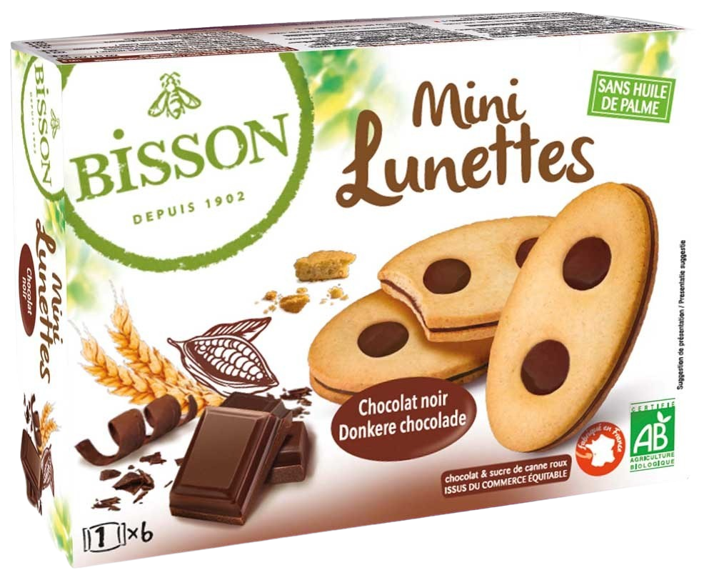 Bisson gevulde chocoladekoekjes mini lunettes, organic, 175g, close-up of chocolate-filled cookies with a crispy texture.