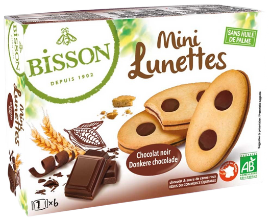 Bisson gevulde chocoladekoekjes mini lunettes, organic, 175g, close-up of chocolate-filled cookies with a crispy texture.