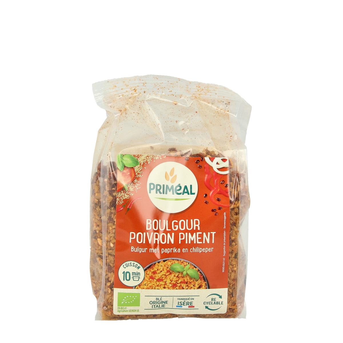 Primeal organic bulgur with paprika and Spanish pepper, 300g, in a clear package, suitable for pasta and rice dishes.