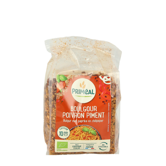 Primeal organic bulgur with paprika and Spanish pepper, 300g, in a clear package, suitable for pasta and rice dishes.