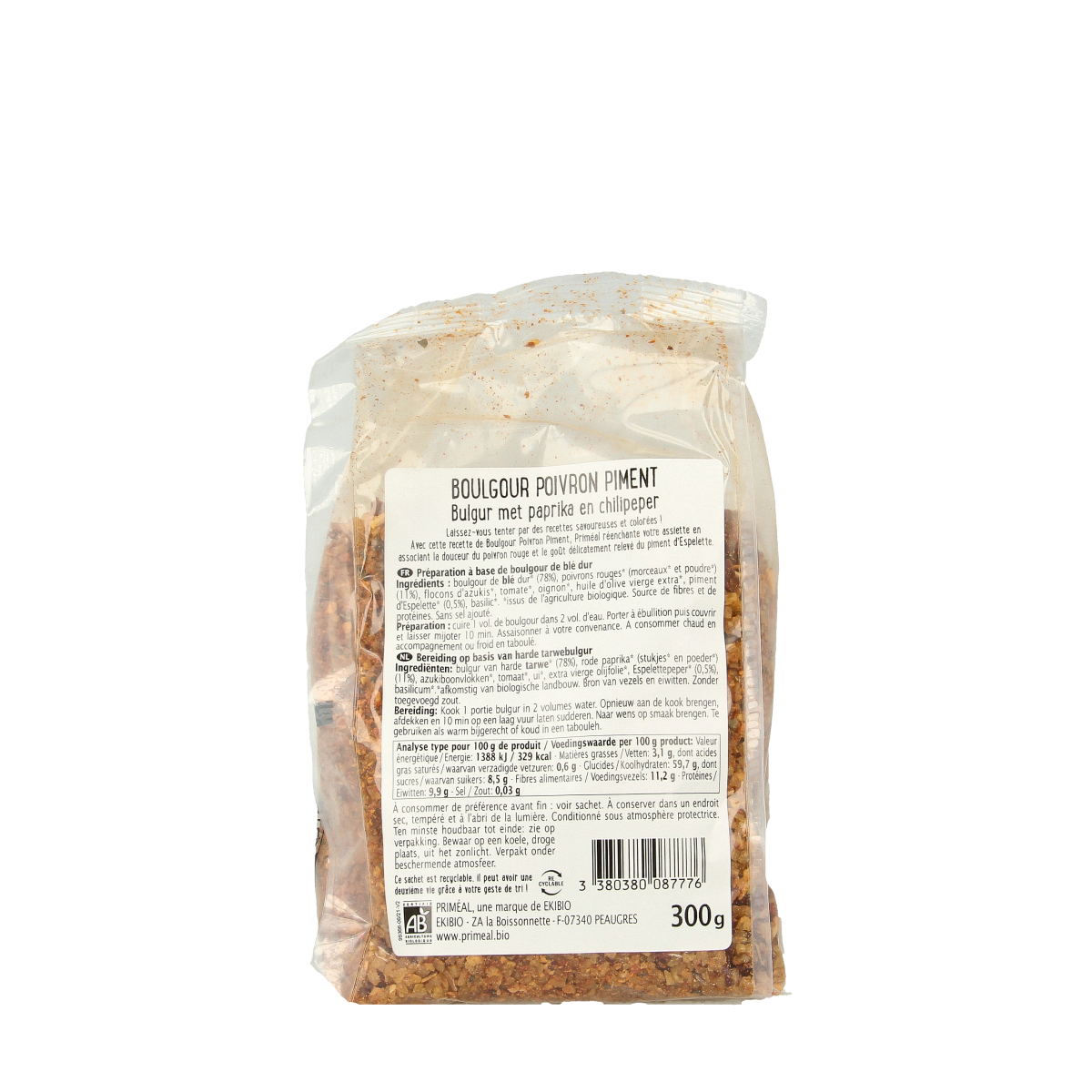 Primeal organic bulgur with paprika and Spanish pepper, 300g, showing a colorful mix of dried pasta and rice ingredients.