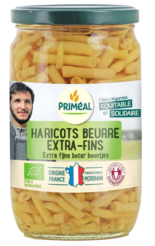 Primeal bio boterbonen from France, extra fine, 660g, fresh green beans in a clear bowl, organic vegetable product.
